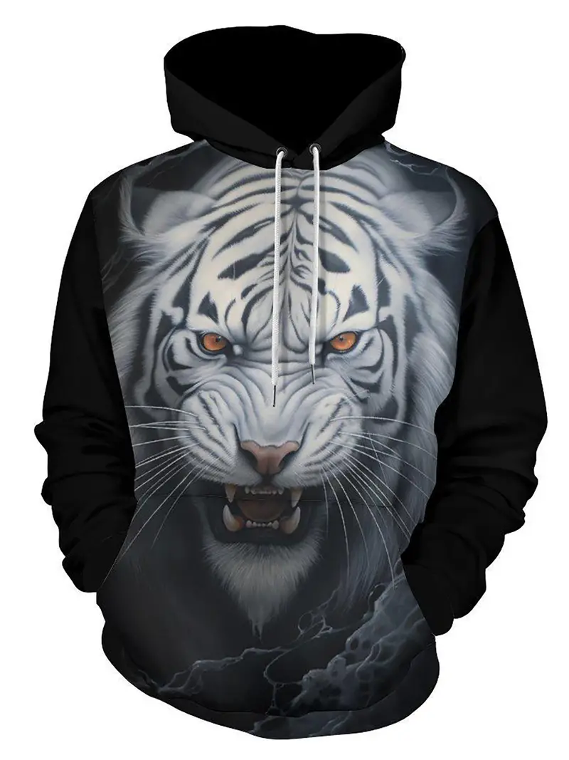 White Tiger Print Hoodie, Cool Hoodies For Men, Men's Casual Graphic Design  Pullover Hooded Sweatshirt Retro Color Block Streetwear For Winter Fall, A